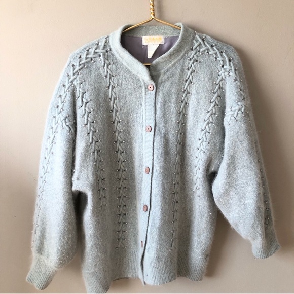 Vintage Sweaters - Beautiful Vintage Pastel Blue Pure Angora Fuzzy Pearl Cardigan Sweater Size L